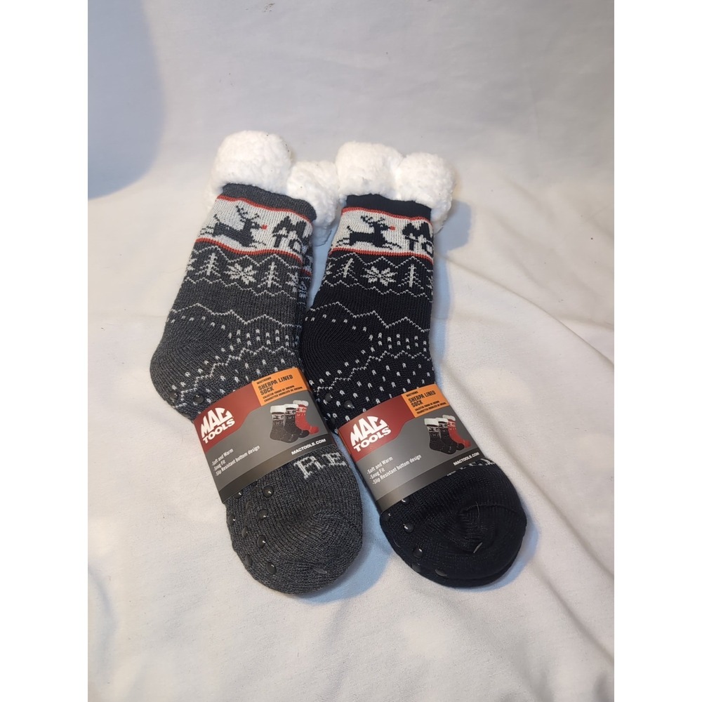 2x Mac Tools Sherpa Lined Socks Slip Resistant Bottom Navy Blue & Gray